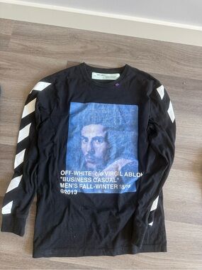 Off-White Black Long-Sleeve Tee with Blue Portrait Graphic